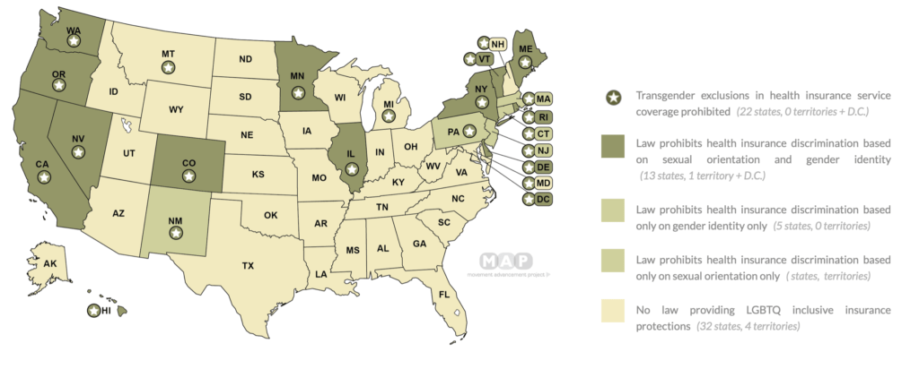 Map of the U.S. detailing the degree to which states protect transgender rights in access to healthcare.