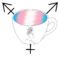 A logo of a coffee cup with a gradient transgender pride flag inside the cup. A person with flowers growing out of their head is drawn on the side, and arrows stick out of the cup resembling the transgender symbol.
