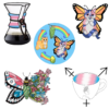 A Chemex, a cat-erfly, a butterfly with flowers, a coffee cup with the transgender symbol emerging from it, the life cycle of a cat-erpillar.