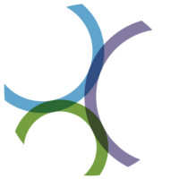 three semicircles in blue, purple, and green positioned with their rounded edges pressed up against one another.