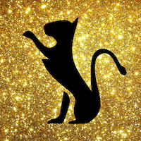 A gold background with a black silhouette of a cat with its tail curled and paw up in the air.