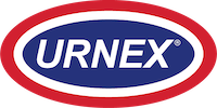 a red lined oval outside a blue oval, with white text reading "urnex"