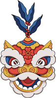 A blue, yellow, orange, and red Vietnamese dragon head with blue leaves on top of it and coffee beans for eyes.
